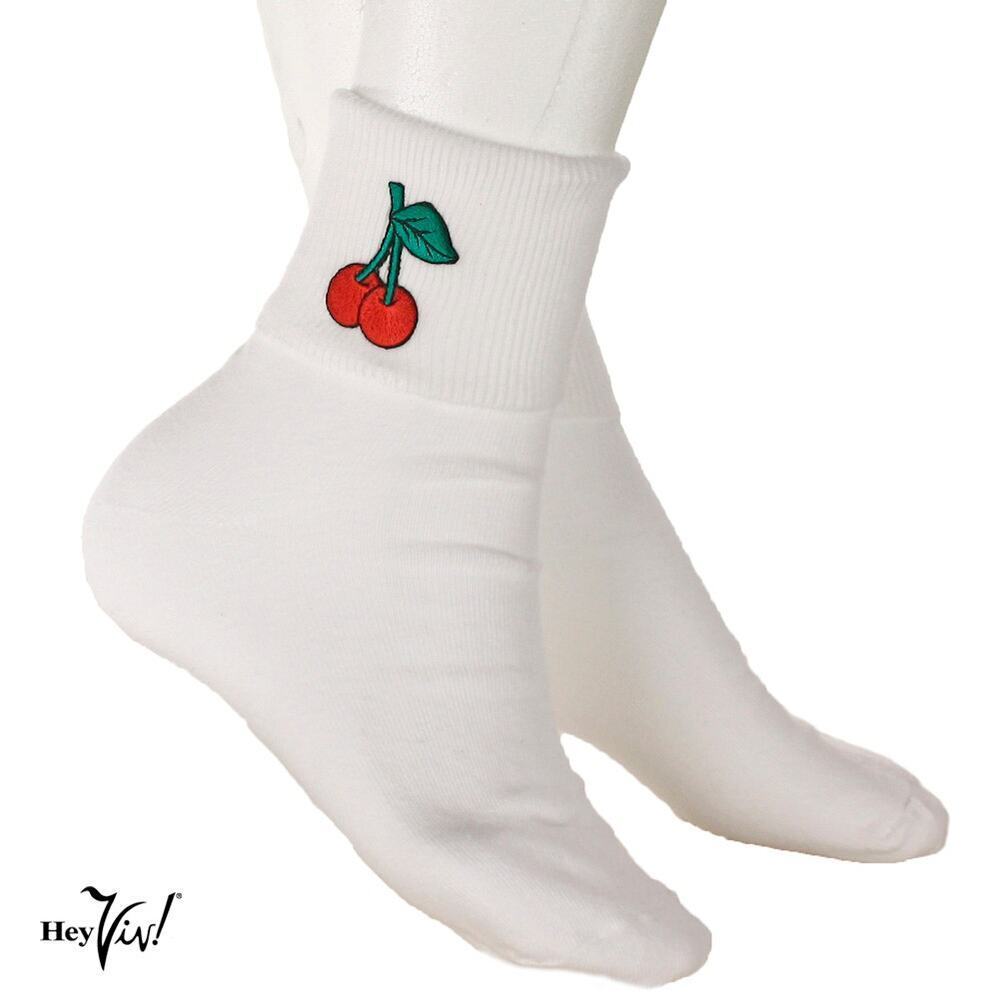Cherry Bobby Socks Womens 9-11 Socks w Embroidered Appliques - Hey Viv